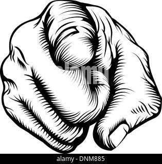 Retro black woodcut print style hand pointing finger at viewer, from front Stock Vector