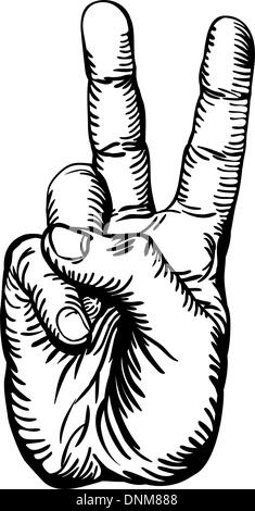 a black and white illustration of the human hand giving the victory salute or peace sign Stock Vector