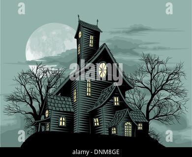 Halloween scene. Illustration of a spooky haunted ghost house Stock Vector