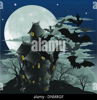 Halloween scene. Illustration of a spooky haunted ghost house with bats flying out of it against the moon. Stock Vector