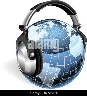 The world earth globe listening to music on funky headphones. Stock Vector