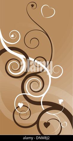 A heart swirls abstract background. Two vines, one brown one white, with heart shaped leaves becoming intertwined symbolising tw Stock Vector