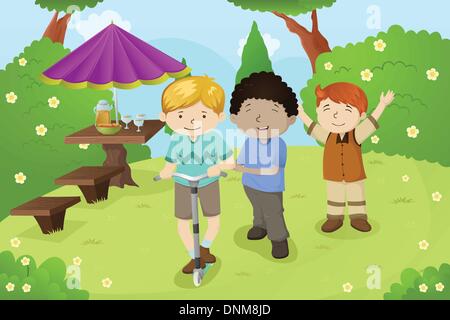 A vector illustration of happy boys playing in a park Stock Vector
