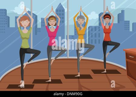 A vector illustration of group of happy women doing yoga in a studio Stock Vector