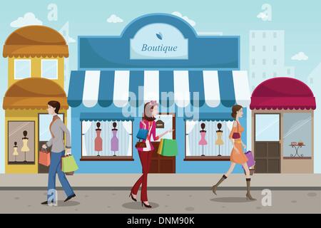 A vector illustration of stylist people shopping in an outdoor mall with French boutique style Stock Vector