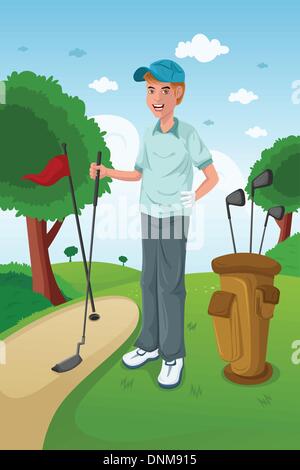 A vector illustration of healthy man playing golf on a green Stock Vector