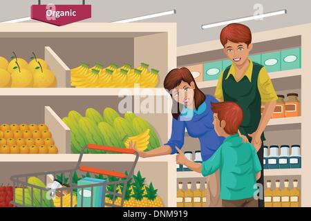 A vector illustration of a happy family shopping fruits in a supermarket Stock Vector