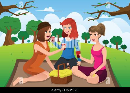 A vector illustration of group of young women having picnic in a park together Stock Vector