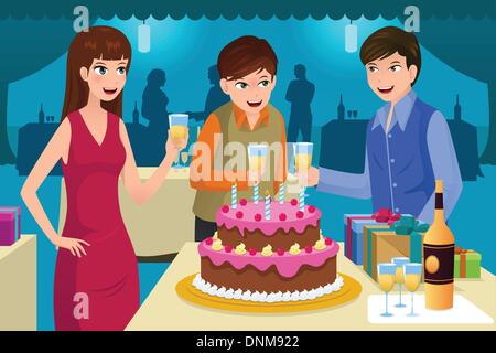 A vector illustration of young people celebrating a birthday party Stock Vector