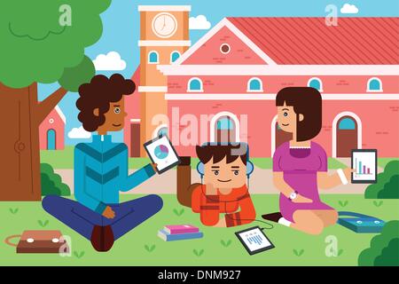A vector illustration of college student in the campus with tablet PC Stock Vector