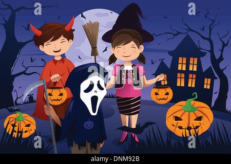 A vector illustration of kids dressed up in costumes trick or treating during Halloween Stock Vector