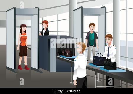 A vector illustration of passengers walking through  security check Stock Vector