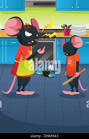 A vector illustration of angry mouse yelling at her kid in the kitchen Stock Vector