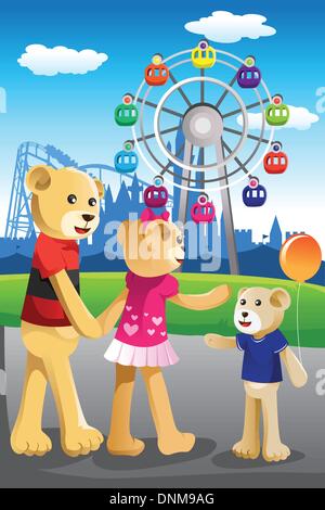 A vector illustration of bear family having fun at amusement park Stock Vector