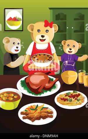 A vector illustration of cute mother bear having dinner with her kids Stock Vector