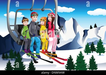 A vector illustration of happy family going skiing sitting on a ski lift Stock Vector