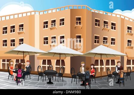 A vector illustration of people enjoying coffee outside of a cafe Stock Vector