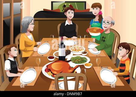 A vector illustration of happy family having a Thanksgiving dinner together Stock Vector