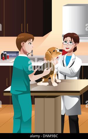 A vector illustration of a  veterinarian examining a cute dog Stock Vector