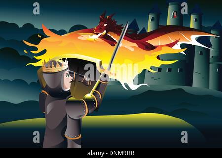 A vector illustration of a classic children tale of a prince trying to rescue a princess trapped in a tower of a castle guarded Stock Vector