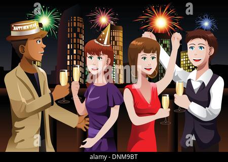 A vector illustration of group of young people celebrating New Year Stock Vector