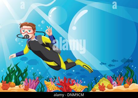 A vector illustration of a scuba diver diving in the ocean Stock Vector
