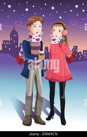 A vector illustration of a young couple in love in winter time Stock Vector
