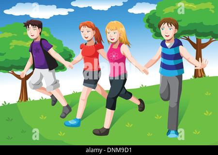 A vector illustration of a group of friends holding hands together Stock Vector
