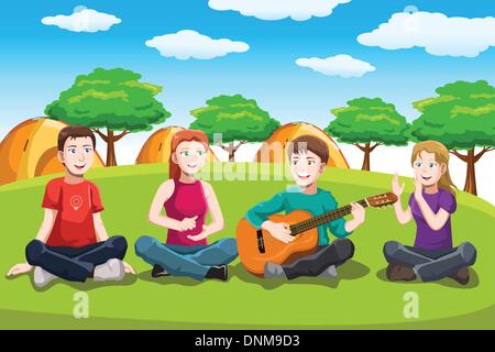 A vector illustration of teens playing music in the park Stock Vector