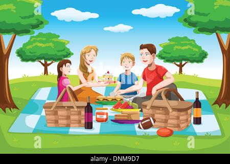 A vector illustration of a happy family having a picnic in the park Stock Vector