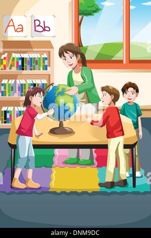 A vector illustration of kindergarten teacher and students looking at a globe in the classroom Stock Vector