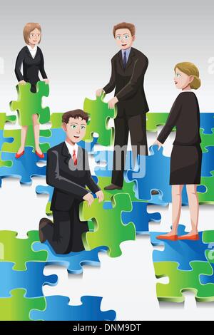 A vector illustration of the concept of a team of business people solving puzzle Stock Vector