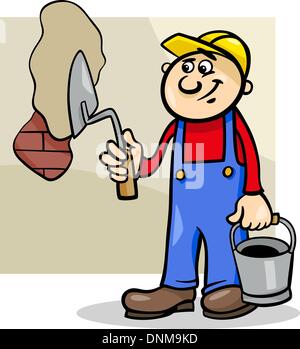 Cartoon Illustration of Man Worker or Workman with Trowel Plaster Brick Wall Stock Vector