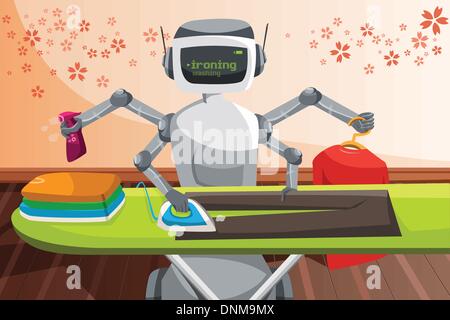 A vector illustration of a robot ironing clothes Stock Vector