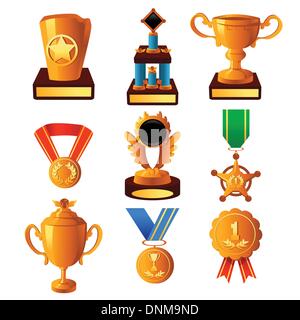 A vector illustration of gold medal and trophy icon sets Stock Vector