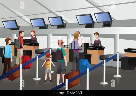 A vector illustration of passengers lining up at check-in counter Stock Vector