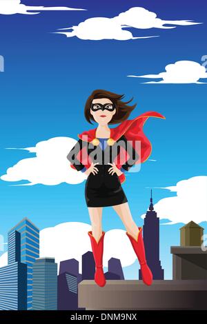 A vector illustration of a superhero businesswoman wearing a cape standing on top of a building Stock Vector