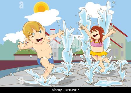A vector illustration of happy kids playing in water fountain Stock Vector