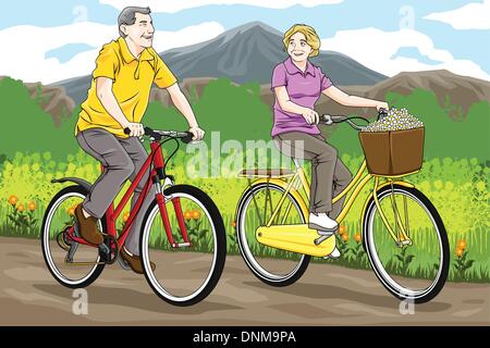A vector illustration of happy senior couple biking together in the park Stock Vector
