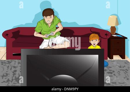 A vector illustration of a father and his son playing video games Stock Vector