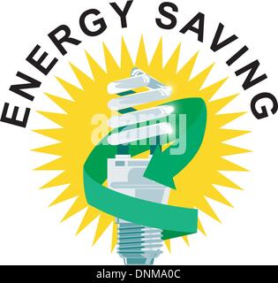 Illustration of lightbulb Energy Saving label done in retro style. Stock Vector
