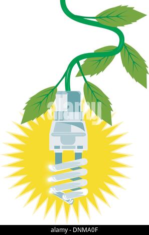Illustration of energy saver lightbulb with leaves wire done in retro style. Stock Vector