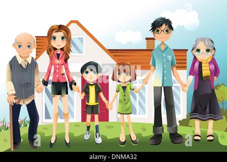 A vector illustration of a multi generation family in front of the house Stock Vector