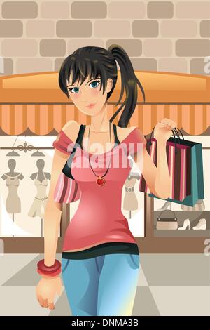 A vector illustration of a shopping woman at the shopping mall Stock Vector