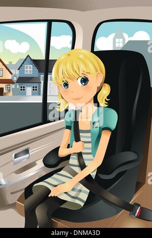 A vector illustration of a cute girl sitting on a car seat wearing seat belt Stock Vector