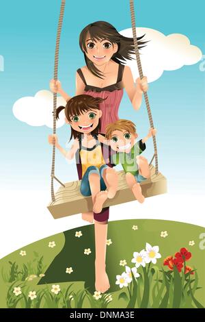 A vector illustration of three sibling, a brother and two sisters playing swing Stock Vector