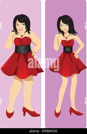 A vector illustration of a weight loss concept showing a girl transformation from fat to skinny Stock Vector