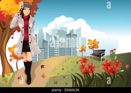 A vector illustration of an Autumn or Fall girl walking in the park Stock Vector