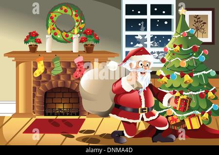 A vector illustration of Santa Claus carrying a bag of Christmas presents dropping a present under the Christmas tree Stock Vector