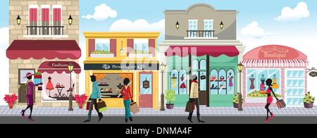 A vector illustration of people shopping in an outdoor shopping mall Stock Vector